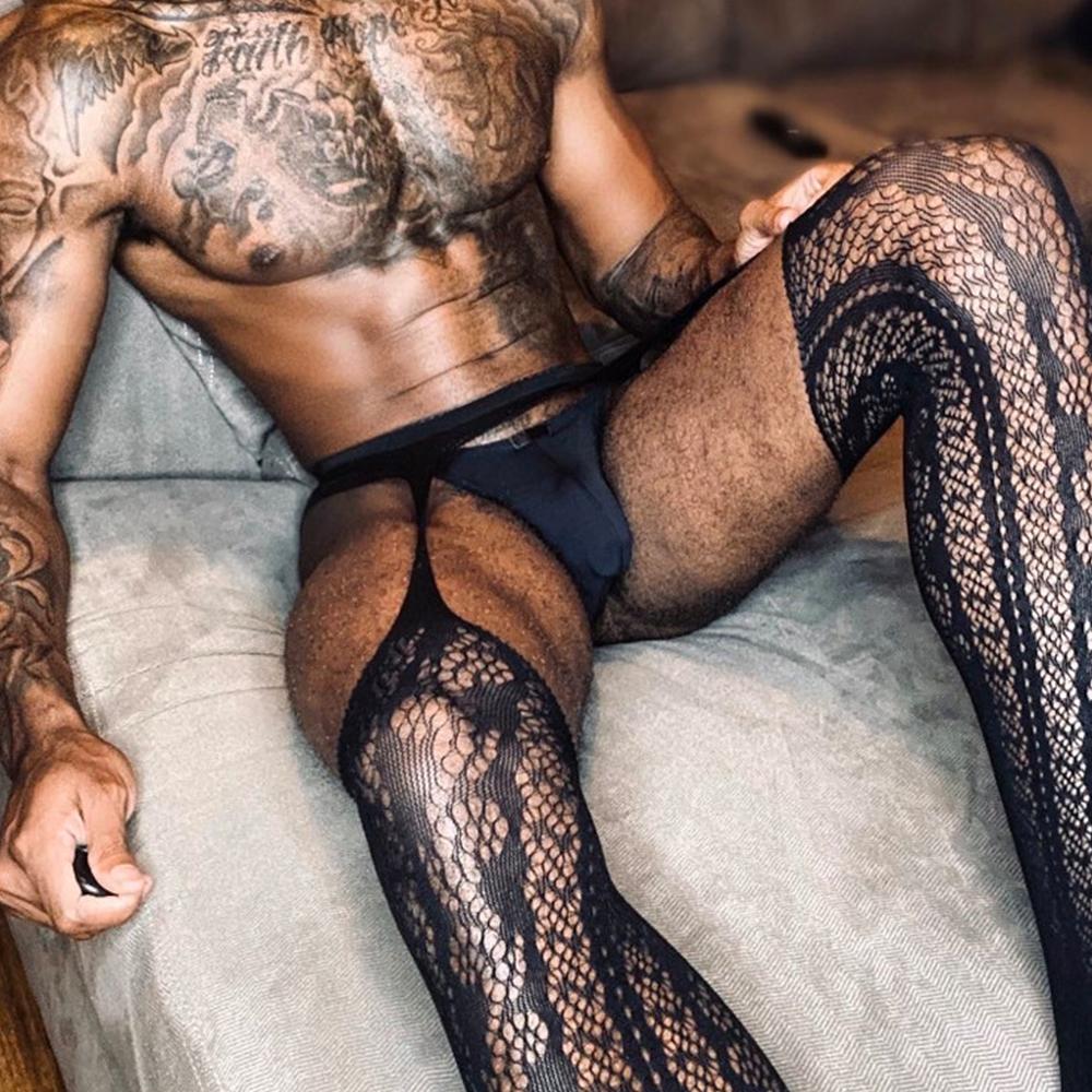 Sexy Mens Pantyhose Bottoms Breathable Fishnet Garters