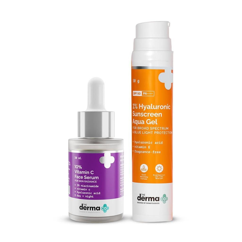 Le combo Glow & Protect de Derma Co - Sérum visage à 10 % de vitamine C (30 ml) + 1% de gel solaire à l'acide hyaluronique Aqua Gel (50 grammes)