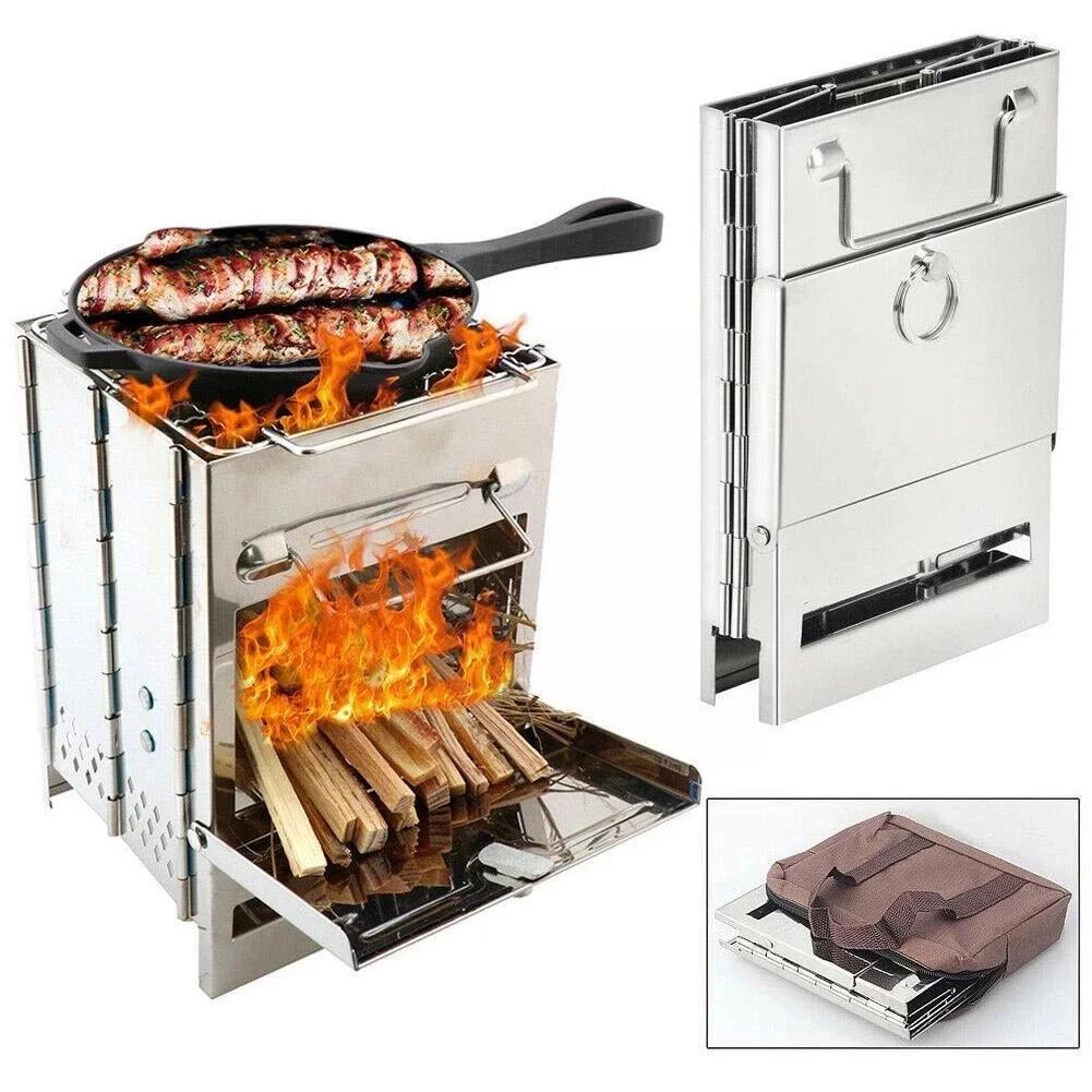 Portable Stainless Steel Mini BBQ Grill - Foldable Charcoal & Wood Stove for Camping, Outdoor Cooking & Heating, Compact Design