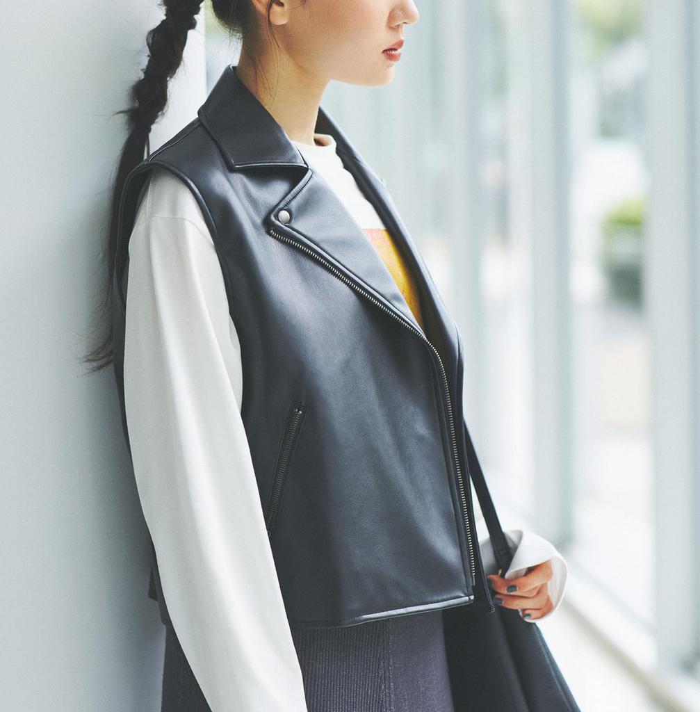 ROPE PICNIC Synthetic Leather Sleeveless Jacket GSV54000 Black Women's (01)