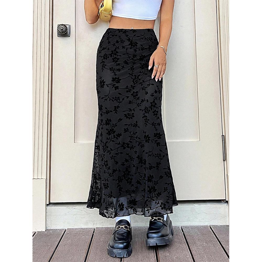

Women Maxi Skirt Ditsy Floral Mesh Skirt Summer Flowy Boho Elastic High Waisted Long Skirts Fashion Trendy S чёрный