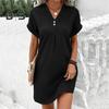 Summer Mini Dress Short Sleeves V Neck Loose Pure Color Dress Bohemian Buttons Casual Dress for Beach Vacation Daily Wear