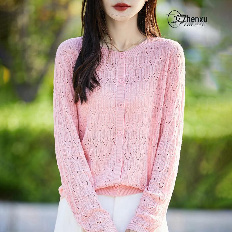 Women's Tencel Linen Hollow Jacquard Knit Cardigan