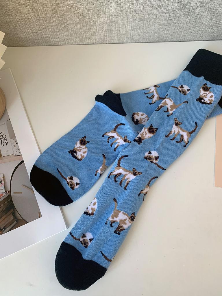 CHAOZHU 1 pár modré kreslené siamské kočky roztomilé krásné bavlněné pletené módní dámské pánské unisex streetové žakárové ozdobné ponožky