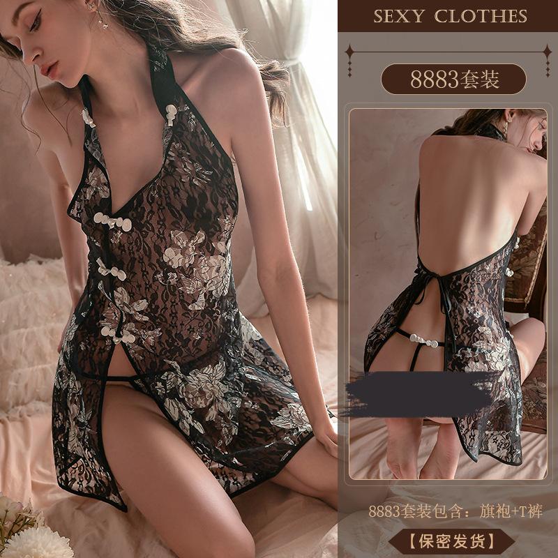 Yiyue erotic underwear sexy lace temptation printed cheongsam hot transparent split fork uniform free pajamas 8881