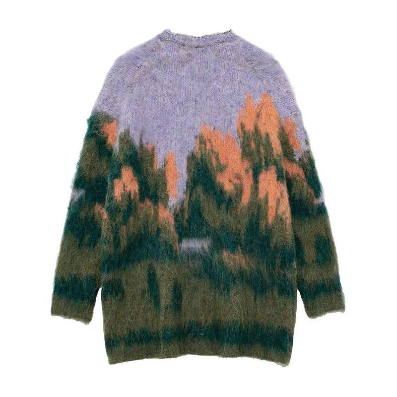 Landscape Paint Tie Dyed Women's Cardigan Sweater Fashion V-neck Single Breasted Female Sweaters 2024 Autumn Chic Lady Outwear
