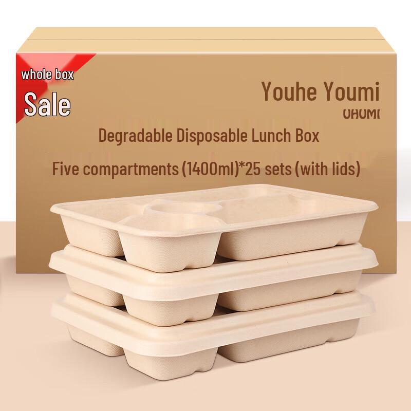 Biodegradable 5-Compartment Takeaway Lunch Containers (25 Sets)