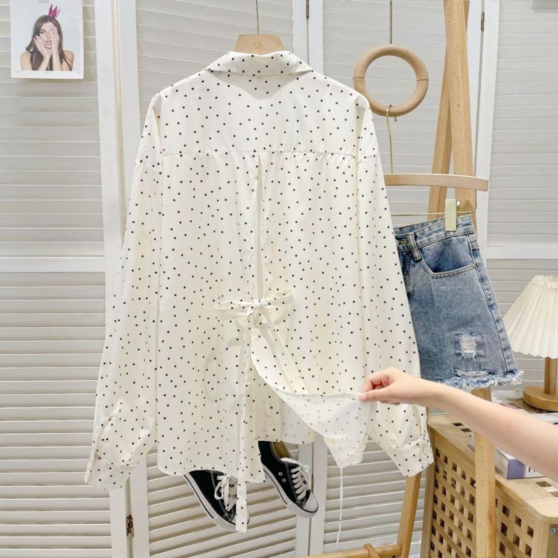 Women Loose Polka Dot Long Sleeve Lace Up Casual Sunscreen Shirt Blouse