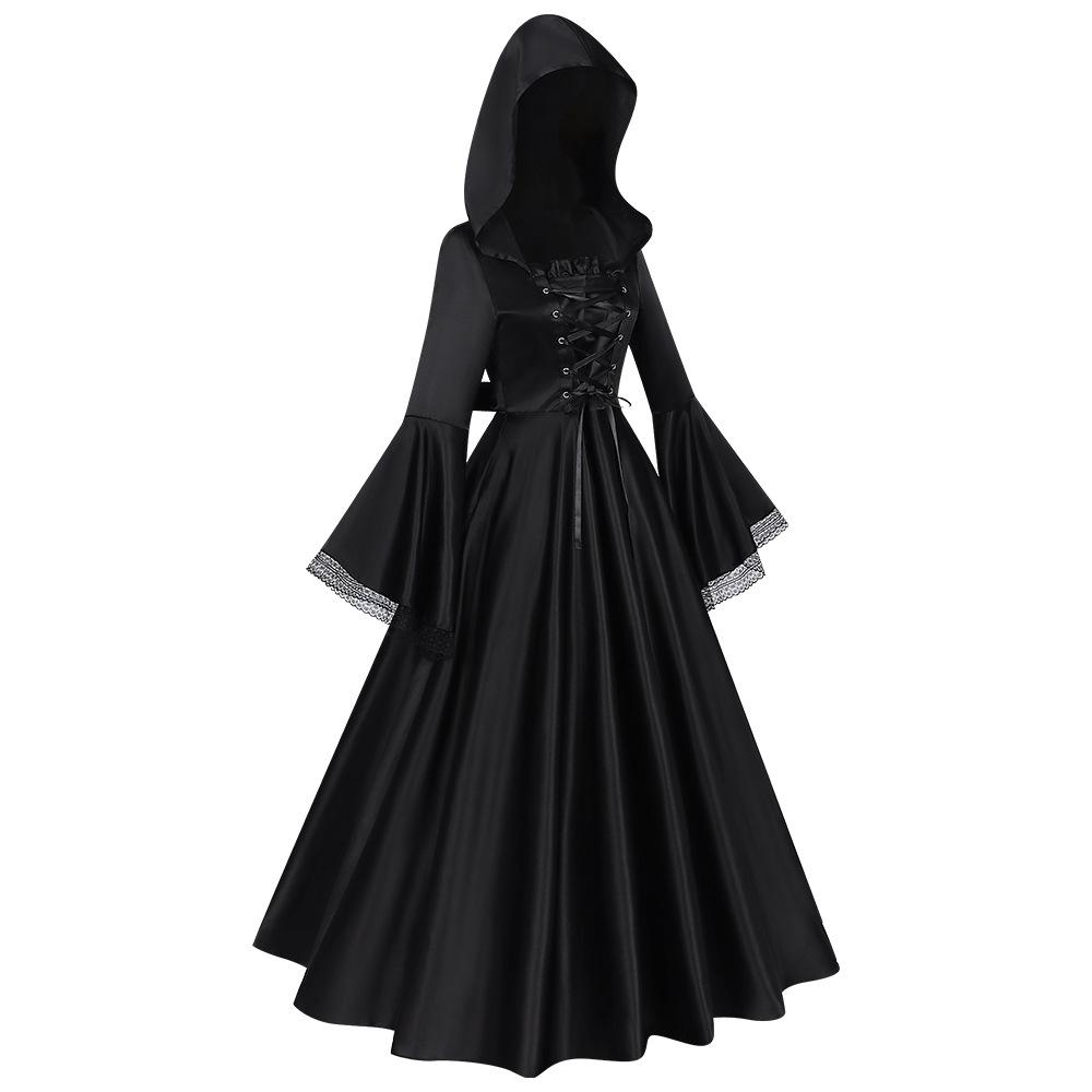 Dark Gothic Hooded Long Dress for A Renaissance-Themed Costume Party
