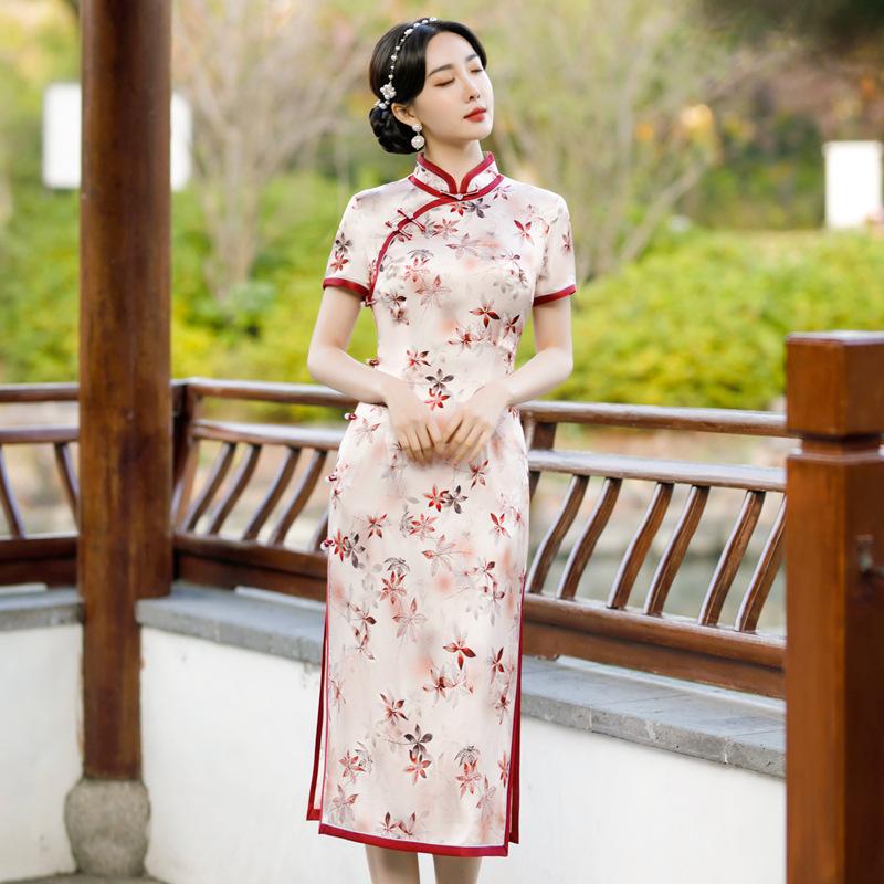 Traditional silk cheongsam 1011 new women's retro improved Chinese style young mulberry silk dress medium and long