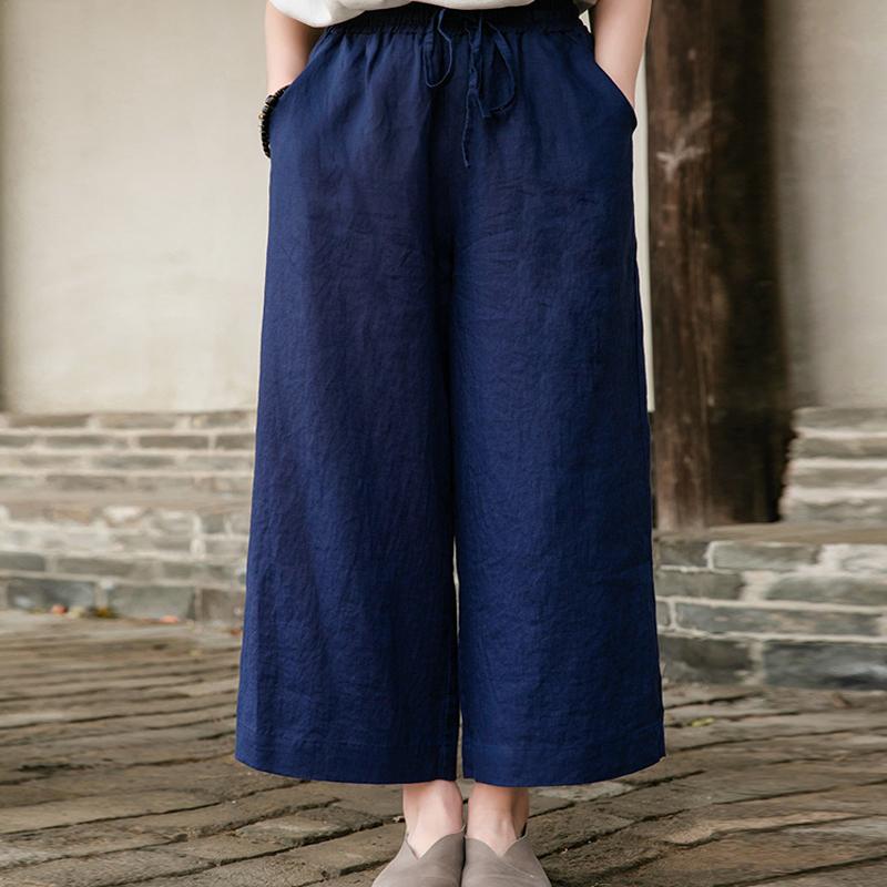 Johnature Vintage Damen Hose Lässig Gerade Neun-Punkt-Hose Sommer Elastischer Bund Schnürung Weites Bein