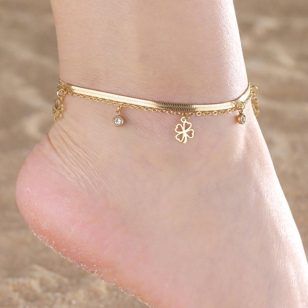 Four Leaf Clover Crystal Charm Bracelet Women's Double Layer Snake Chain Bracelets Lucky Stainless Steel Jewelry