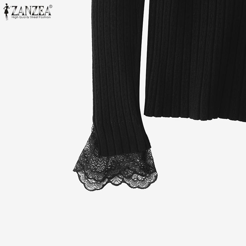 ZANZEA Damen-Pullover mit Stehkragen, langen Ärmeln, Spitzen-Patchwork-Stretch-Rippstrick, Unterhemden