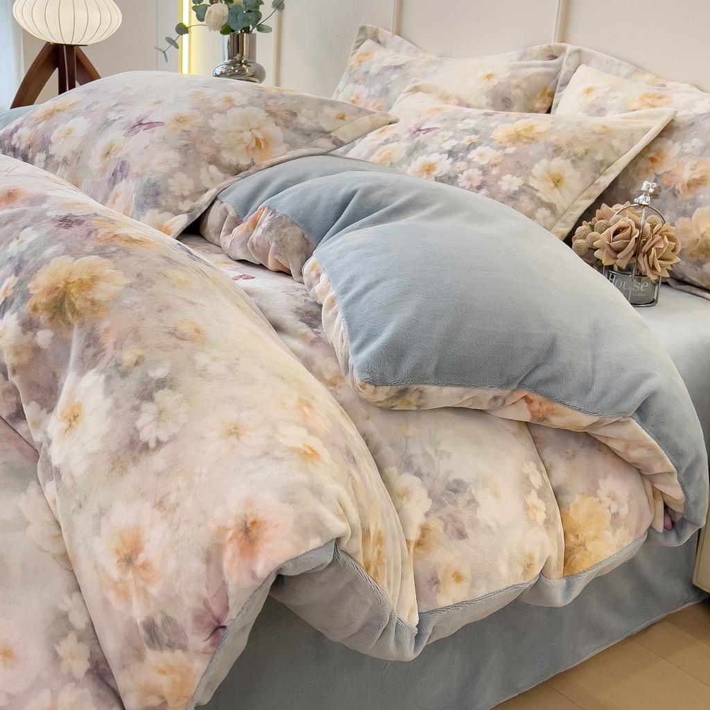 Thickened Milk Fleece Bed Four-Piece Set Double-Sided Fleece Quilt Cover Bed Sheet Coral Flannel Bedding