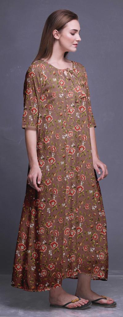 Bimba Dark Rose Brown Floral Leaves & Camellia Kanjiro Printed Nightgowns Maxi Sleepwear For Women Long Sleep Dress