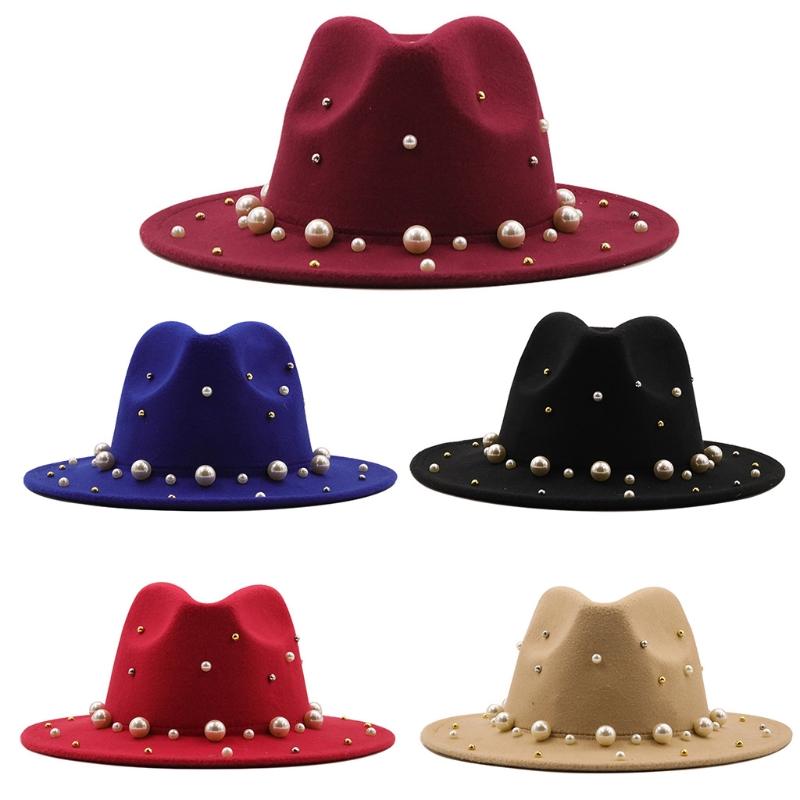Fashion Classic Fedora Wool Big Brim Pearl Jazz Top Hat Church Hat Adult Dancer Costume Accessory Prop for Women and Men
