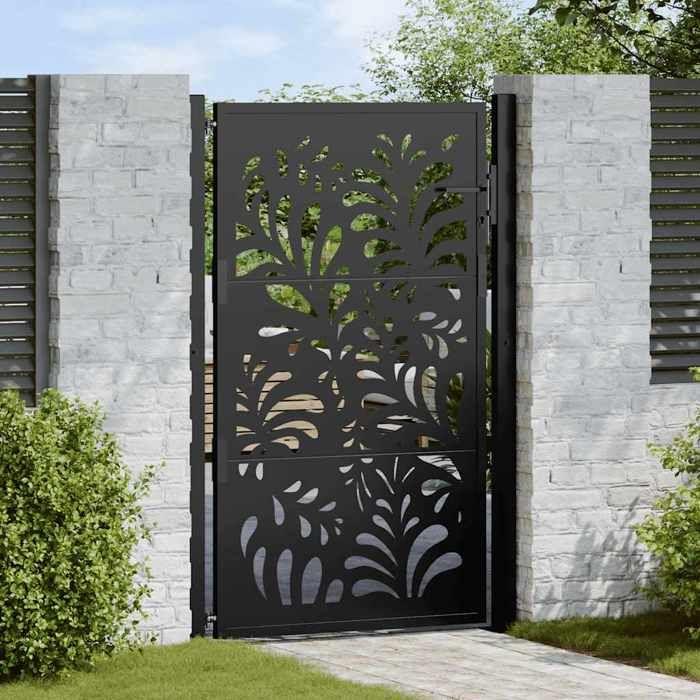 VidaXL Portail de jardin noir 105x155 cm acier conception de vagues, porte de clôture, porte extérieure, porte en métal, 4100971
