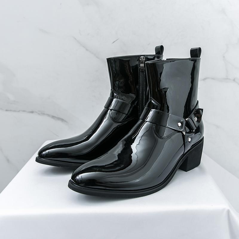 Winter Brand Designer New Pointed Toe Patent Leather Chelsea  Ankle Boot For Men High Tops Monk Strap Punk Rivet Cuban Shoes