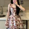 Ruffle Floral Dress Women Rose Sling Strap Sundress French Style Mini Sleeveless Dress Lolita