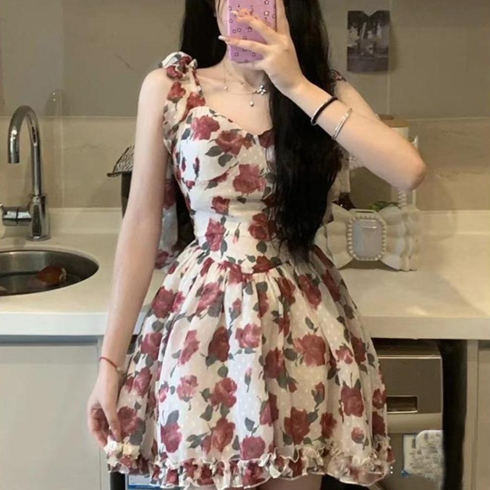 Ruffle Floral Dress Women Rose Sling Strap Sundress French Style Mini Sleeveless Dress Lolita