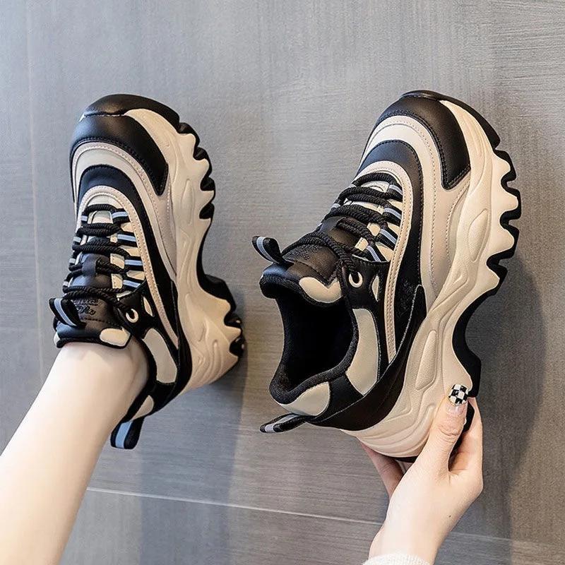 Women's Sneakers Fashion Leather Casual Shoes 7cm Height Increasing Sports Shoes for Women Lace Up Platform Shoes Zapatos Mujer