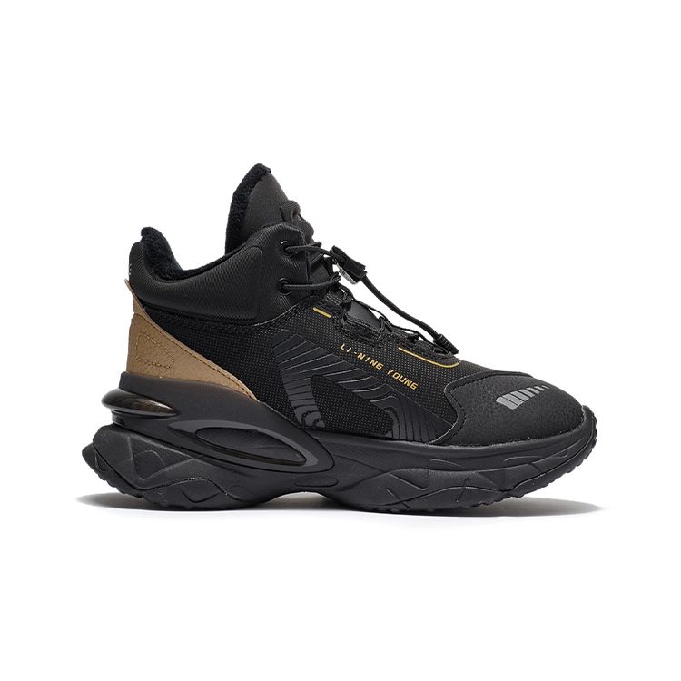 Li Ning Chih Ying Reflective Fleece Casual Shock Absorbing Non-Slip Wear-Resistant High-Top Running Shoes Kids sneaker Black YKCR188-35