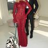 European and American sexy backless micro-flared sleeve fishtail skirt red leopard print mesh printing long summer dress