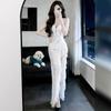 Women's French Retro Lace Spaghetti Strap Evening Gown with Patchwork, Hollow Design, and Beach Split