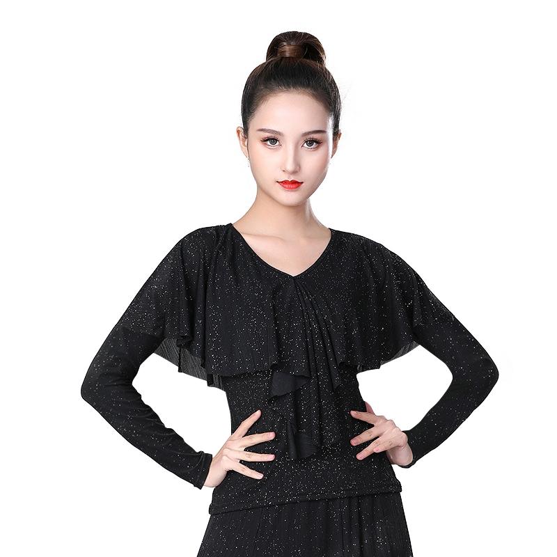 

Элегантный V-образный вырез, оборки, плиссированные танцевальные топы для женщин, однотонный, облегающий, 3D, с длинным рукавом, для латинских бальных танцев, современная танцевальная одежда XXXXL чёрный