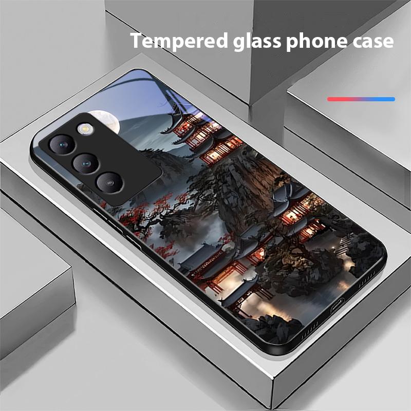 Gebäude im alten Stil für Y72 33S 11 03 36 96 Lite 35 16 Iqoo 12 V40 SE 5G 29 40 21 30 X80 Pro Vivo Handyhülle aus gehärtetem Glas Schwarz