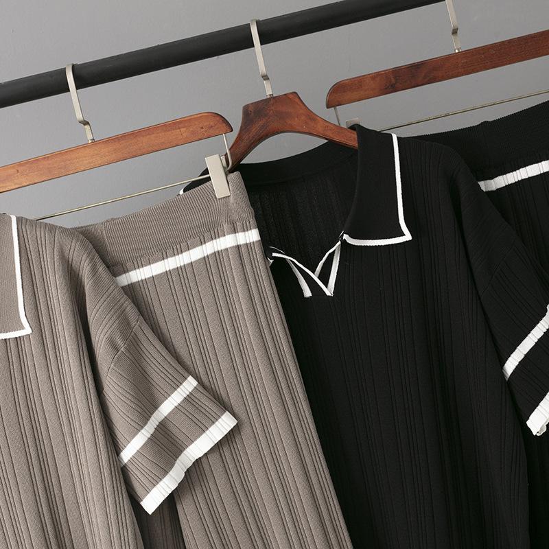 New Summer Polo Collar Short Sleeve Fashion Casual Loose Versatile Thin High Waist Knitted Suit Women