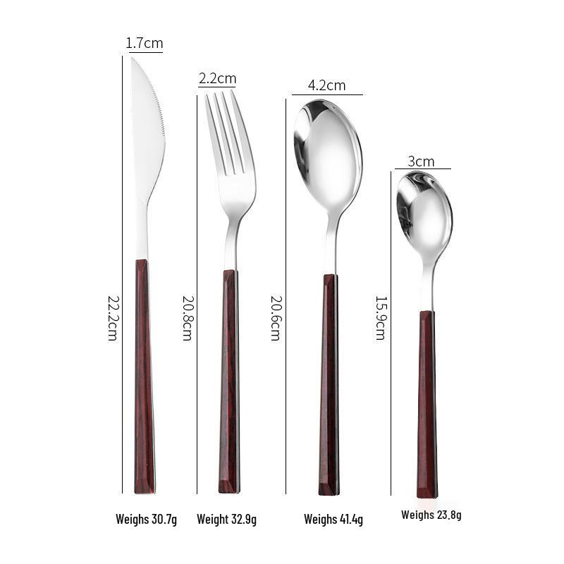 Korean Style 430 Stainless Steel Tableware Set with Imitation Wood Grain Handles: Includes Knife, Fork, Spoon, and Chopsticks