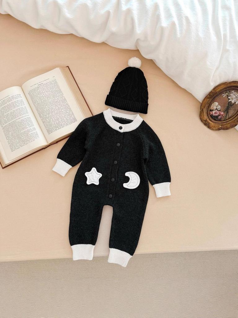 Knitted Romper with 3D Stars & Moon for Infants & Toddlers - Cute Spring & Autumn Crawling Suit for Boys & Girls