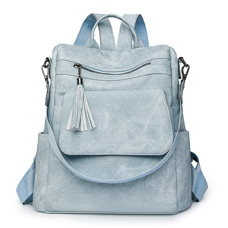 Women's Soft Leather Backpack Large Capacity Student Commuter Schoolbag Tassel Travel Backpack