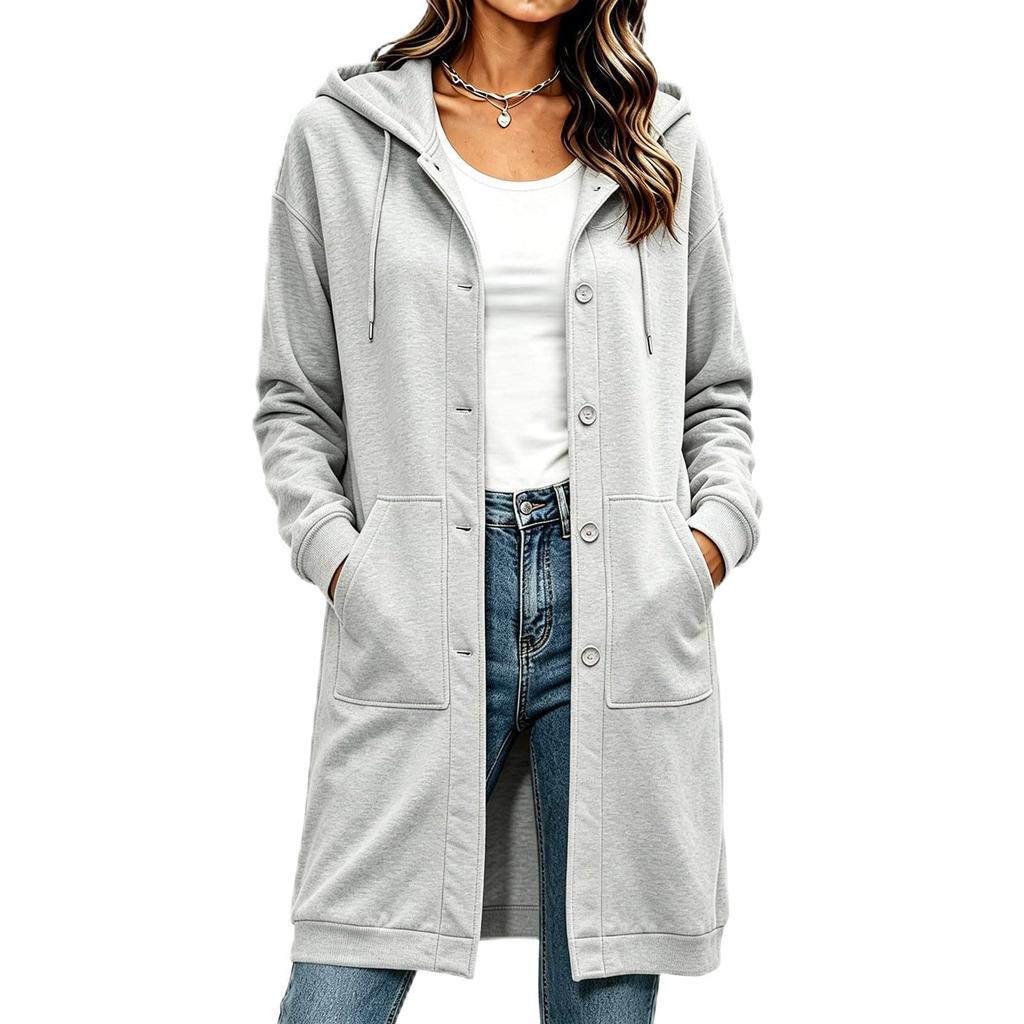 Women's Color Long Sleeve Hoodie Sweatshirt with Buttons and Drawstring - Loose Fit Mid-Length