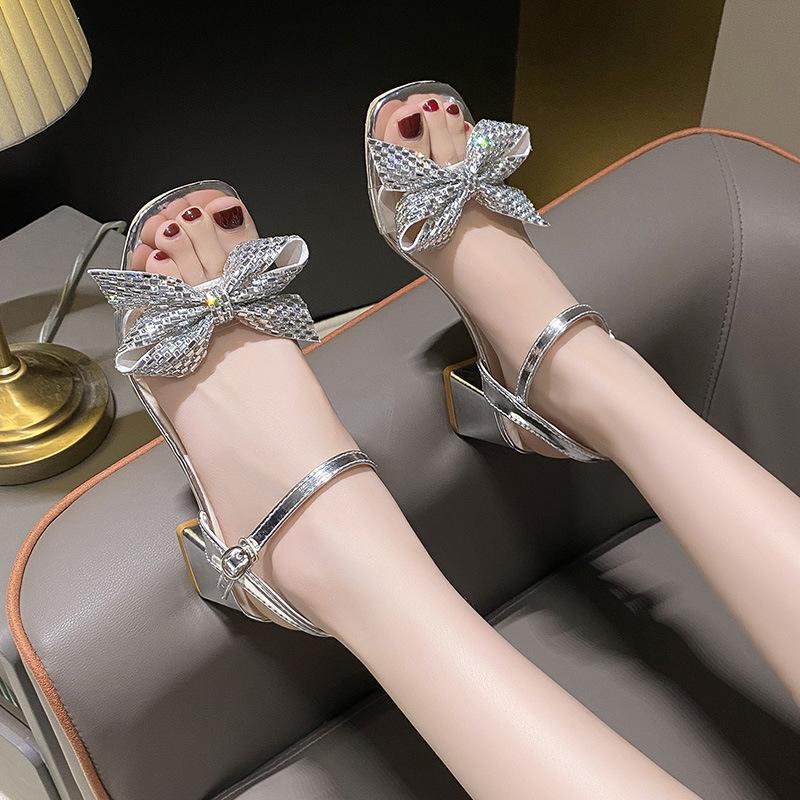 Temperament Open Toe Thick Heel Women's Shoes 2025 New Spring/summer Fashion Simple and Gentle Crystal High-heeled Sandals