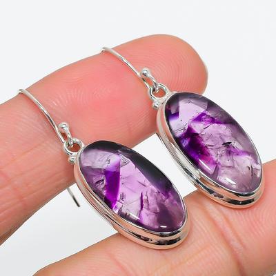 Natural Brazilian Amethyst Gemstone 925 Solid Sterling Silver Earring 1.75" Q9f52