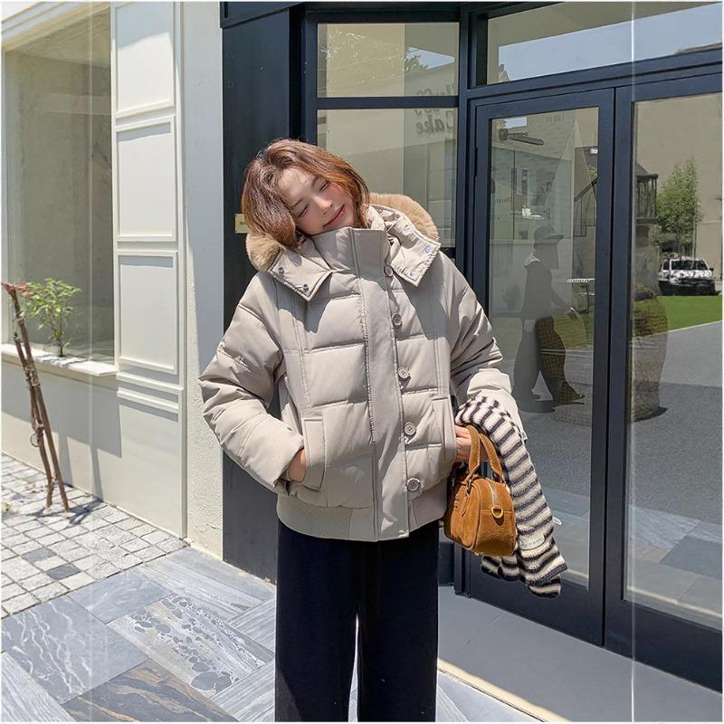 

Navy blue retro big fur collar hooded padded jacket top women s winter short thickened bread jacket padded jacket XL хаки