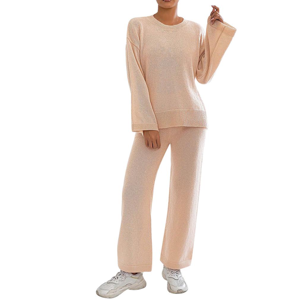Home Set Loose Comfortable Casual Solid Color Long Sleeve Top Pullover Sweater Women Straight Wide Leg Pants Two-piece Set