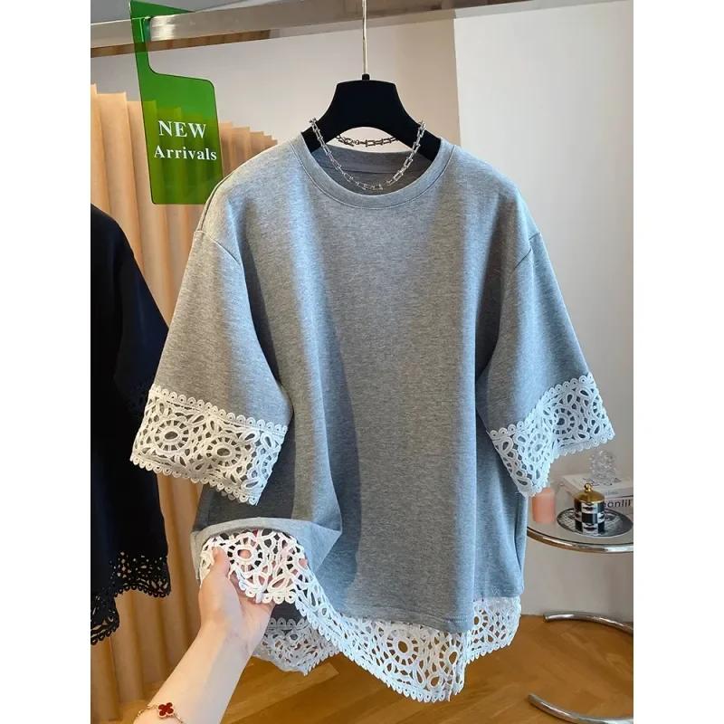 Women Lace Trim Contrast Patchwork Crew Neck Half Sleeve T-Shirt L