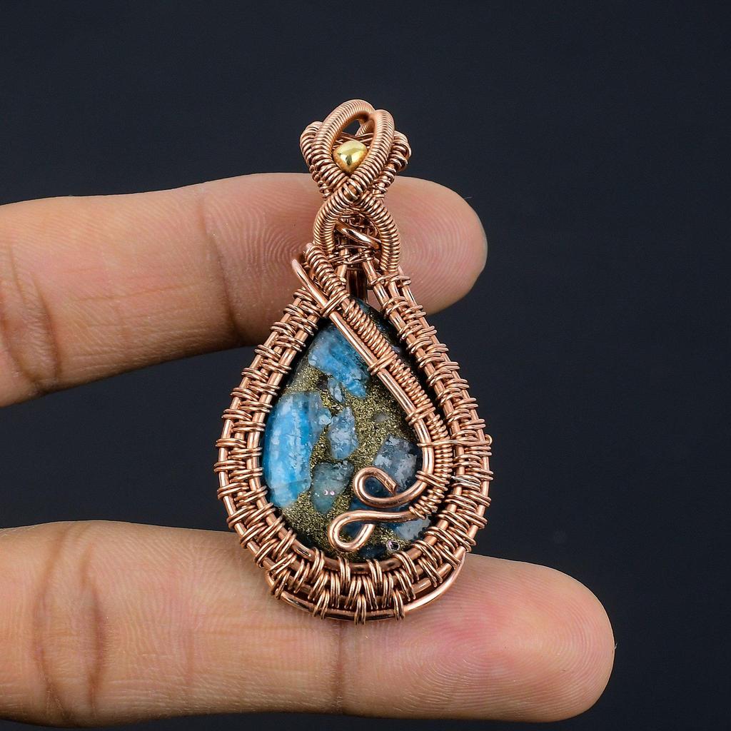 Copper Neon Apatite Pendant Gemstone Jewelry, 999 Copper Wire Wrapped Handmade Pendant, Latest Design Jewelry