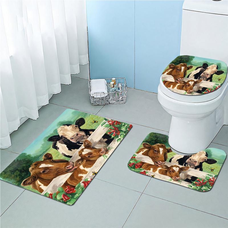 3pcs Farm Animal Cow Bathroom Rug Set Non-Slip U-Shaped Mat and Toilet Lid Cover Pastoral Theme Washable Indoor Floor Mats