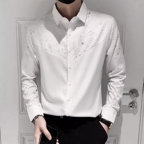 Men Shirt Sequin Star Color Matching Long Sleeve Single Breasted Patchwork Slim Fit Cardigan Turn Down Collar Soft Breathable Mid Length Men Top