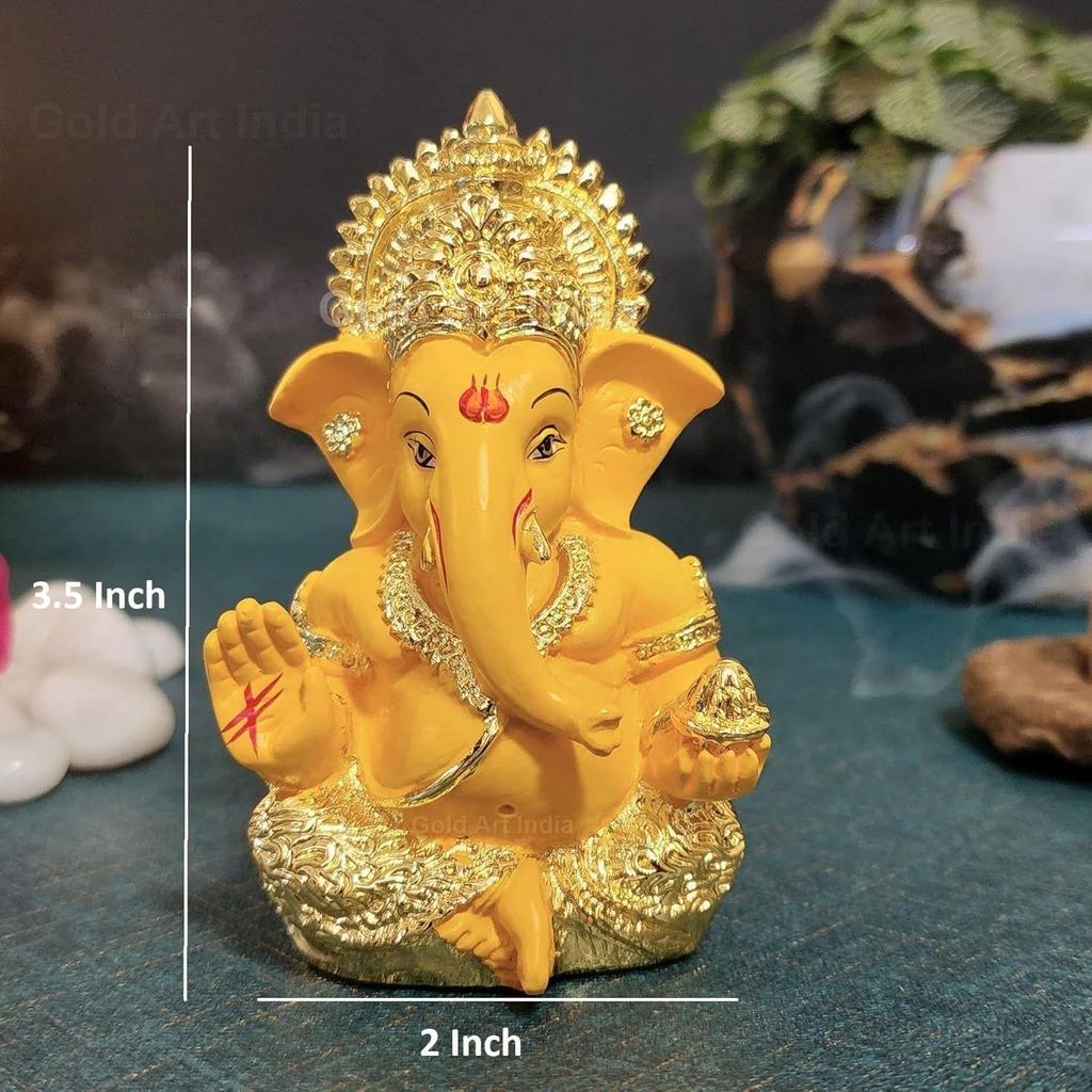 Gold Plated Ganesha with Mango Terracotta Work - 3.5 Inch Height for Home Decor/Office Desk/Car Dashboard