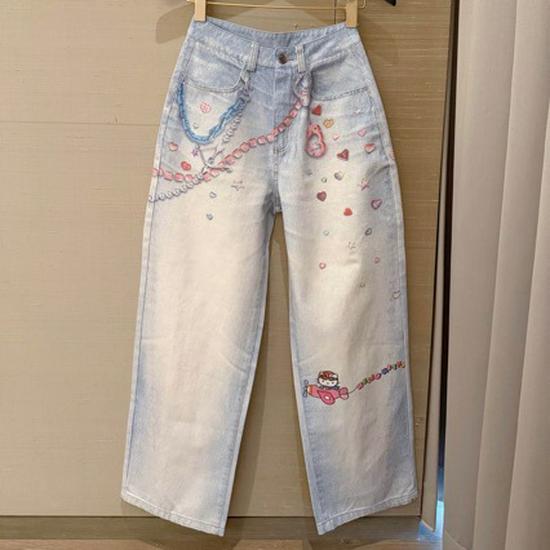 2026 Spring/Summer Women s Cute 3D Cat Print Straight Leg Jeans Small светло-синий