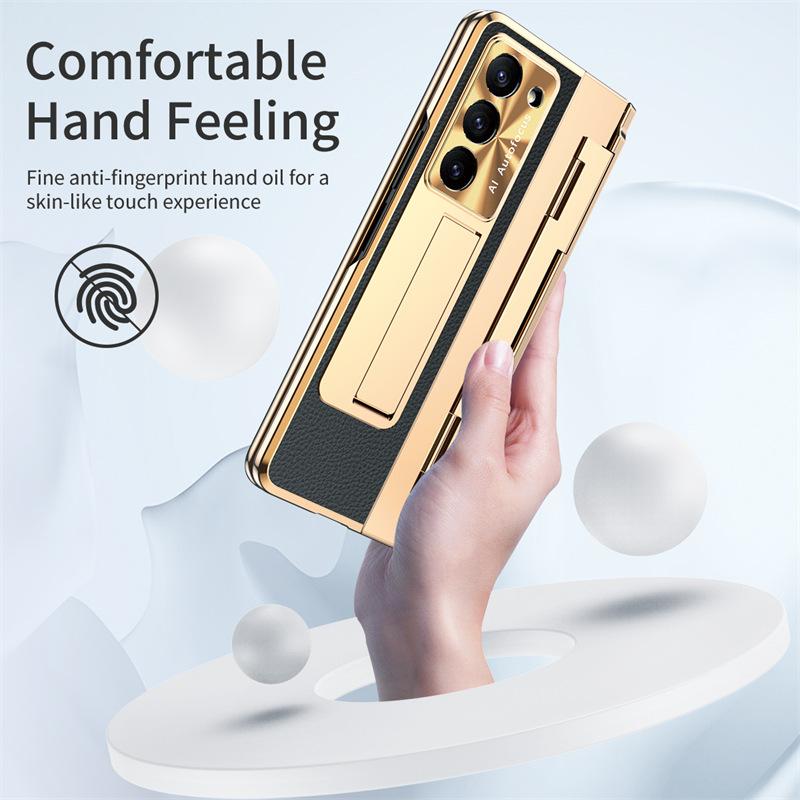 Full Protection Hinge Case for Samsung Galaxy Z Fold8 Ultra / 7 6 5 4 3 Plating PC+Leather Tempered Film Folding Kickstand Cover
