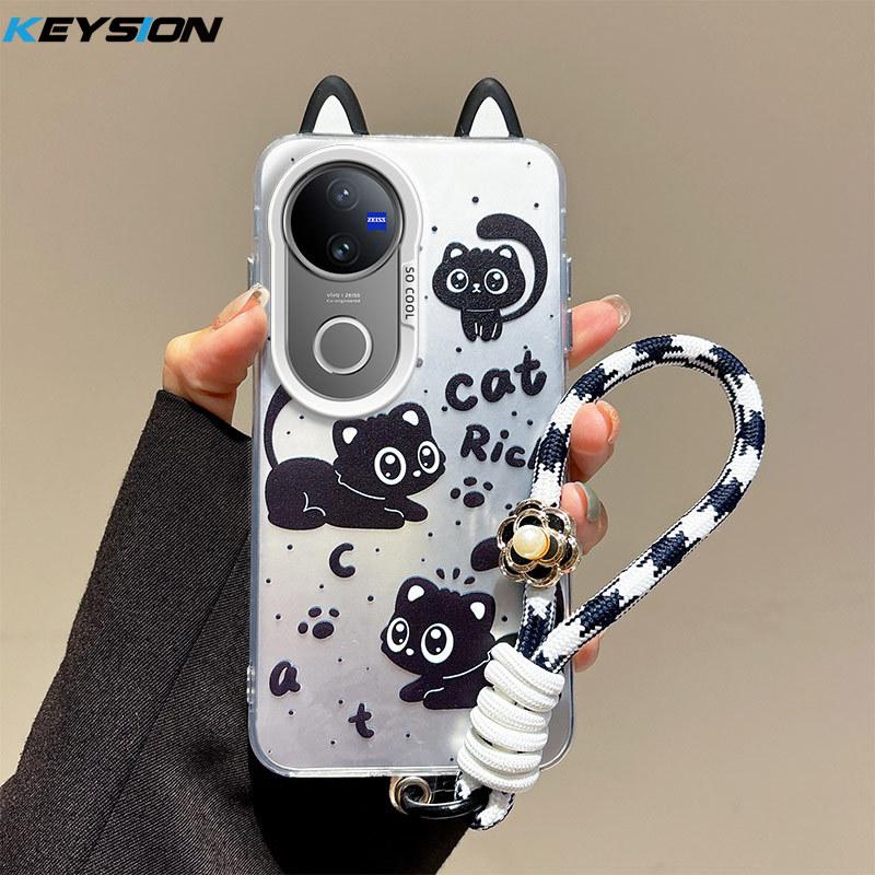 KEYSION Cute Ear Cartoon Case for VIVO V50 5G with Lanyard Soft Silicone+PC Shockproof Phone Back Cover for VIVO V50