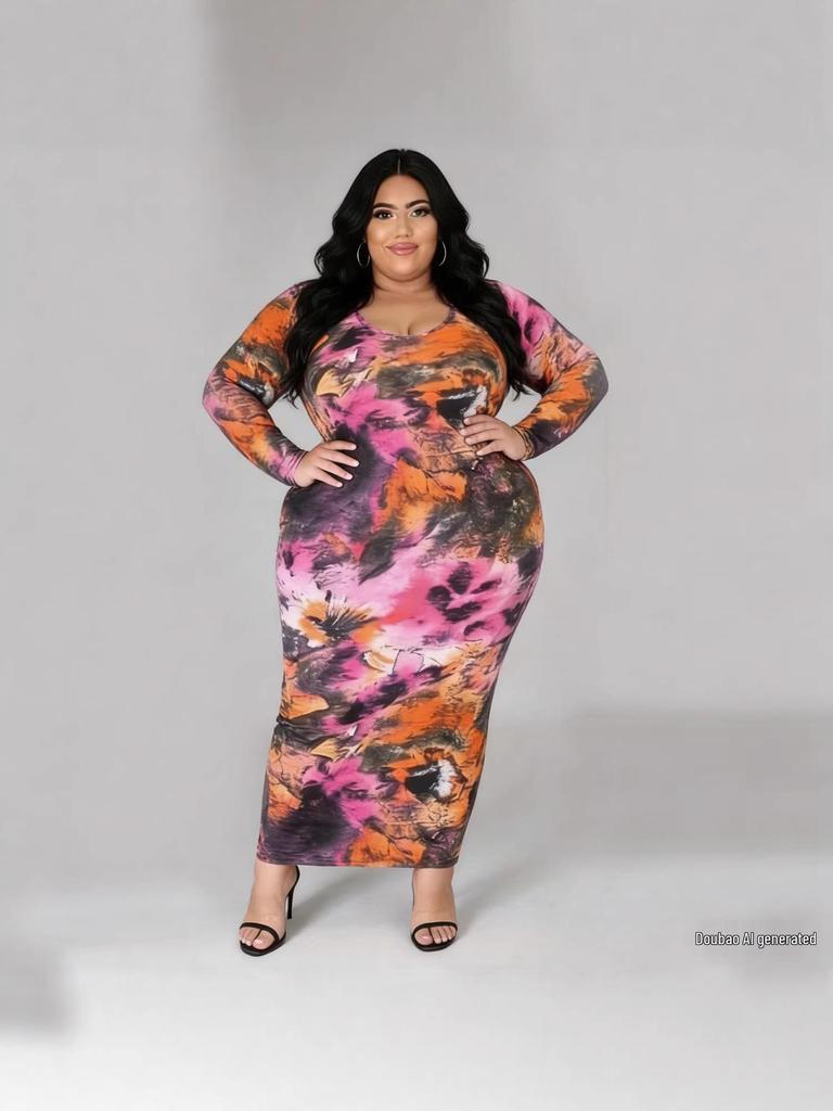 Elegant European & American Style Sheath Dress with Slit – Printed Long-Sleeve, Slim Fit, Round Neck