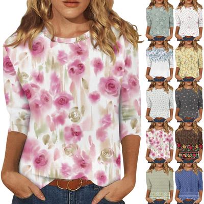 3/4 Sleeve Shirts For Women Print Graphic Tees Blouses Casual Plus Size Basic Tops Pullover