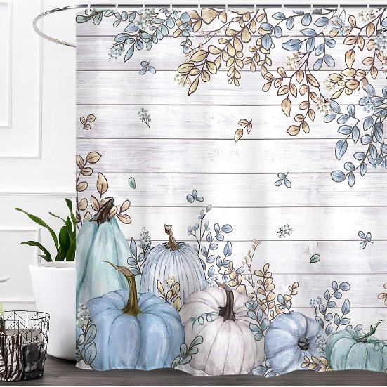 Baccessor Herbst Erntedank Blau Weiß Kürbisse Duschvorhang Eukalyptusblätter Herbst Duschvorhang Polyesterstoff Badezimmer Bad Heimdeko
